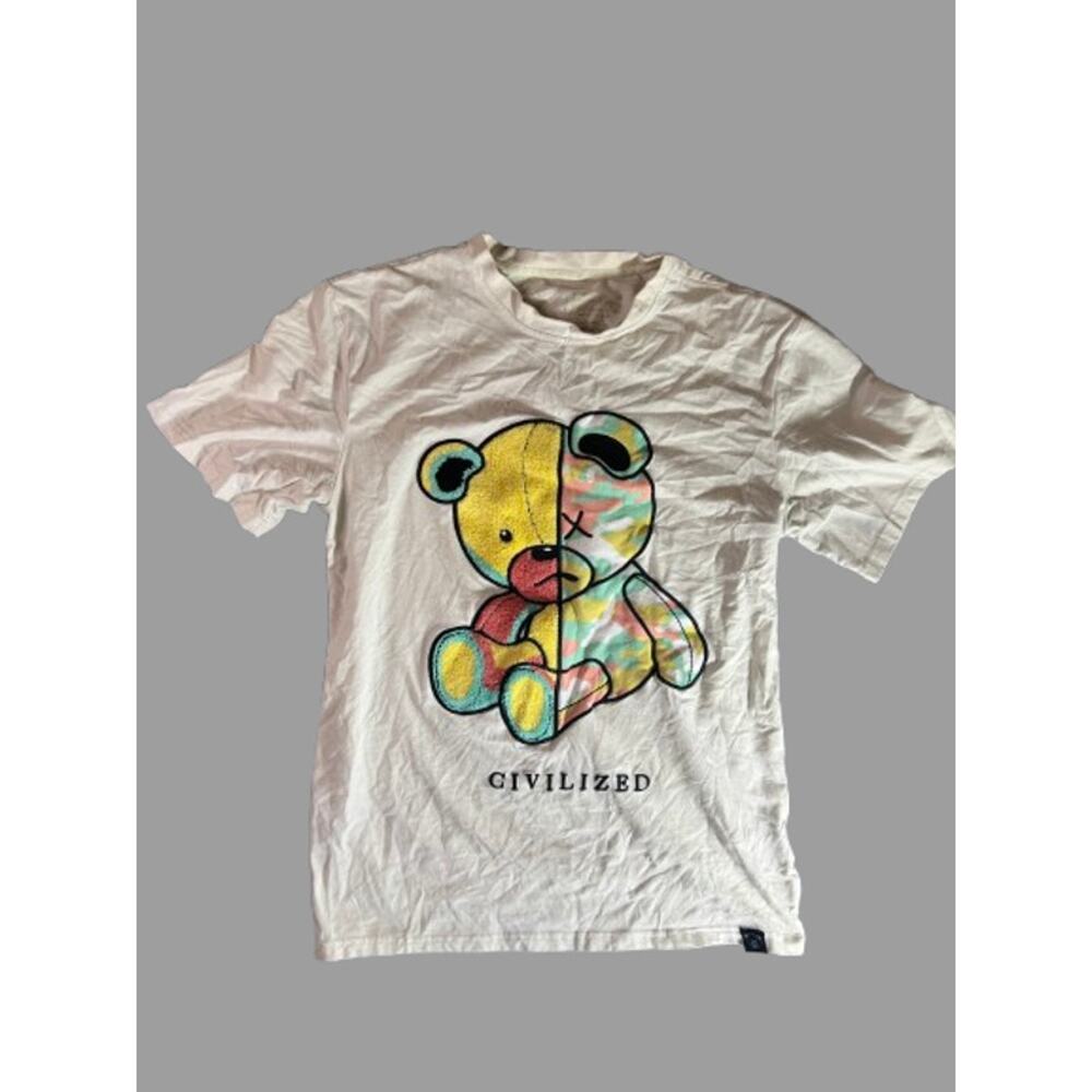 Givilized split-design embroider teddy bear graphic t-shirt S